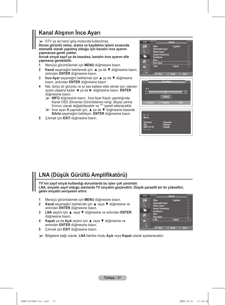 Kanal alışının ince ayarı, Lna (düşük gürültü amplifikatörü), Info düğmesine basın | Samsung PS58A656T1F User Manual | Page 520 / 567