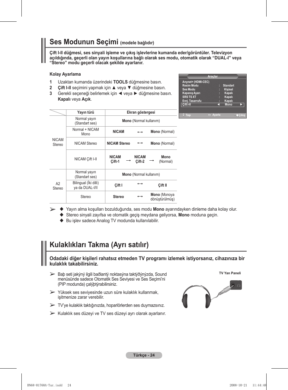 Ses modunun seçimi, Kulaklıkları takma (ayrı satılır) | Samsung PS58A656T1F User Manual | Page 527 / 567