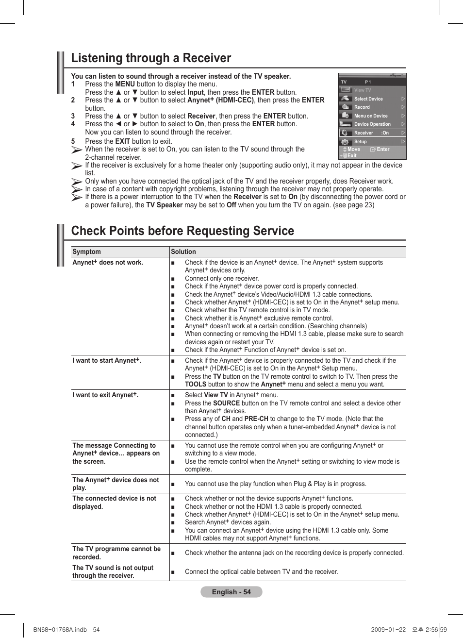 Listening through a receiver, Check points before requesting service | Samsung PS58A656T1F User Manual | Page 54 / 567