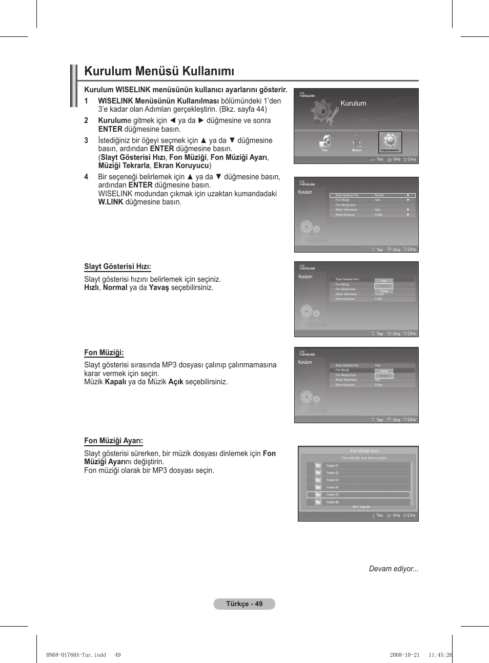 Kurulum menüsü kullanımı, Türkçe - 49, Kurulum | Samsung PS58A656T1F User Manual | Page 552 / 567