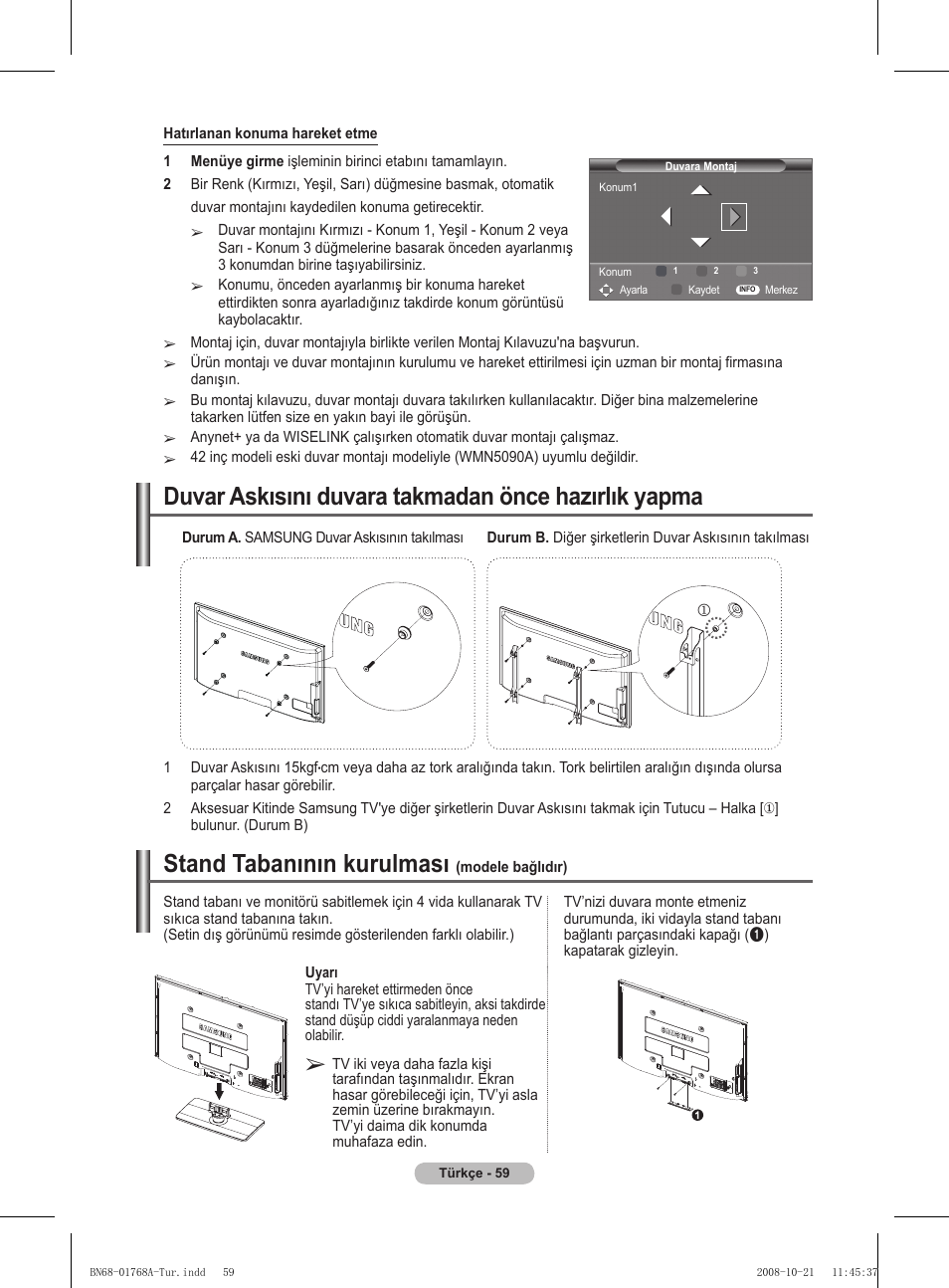 Stand tabanının kurulması, Duvar askısını duvara takmadan önce hazırlık yapma | Samsung PS58A656T1F User Manual | Page 562 / 567