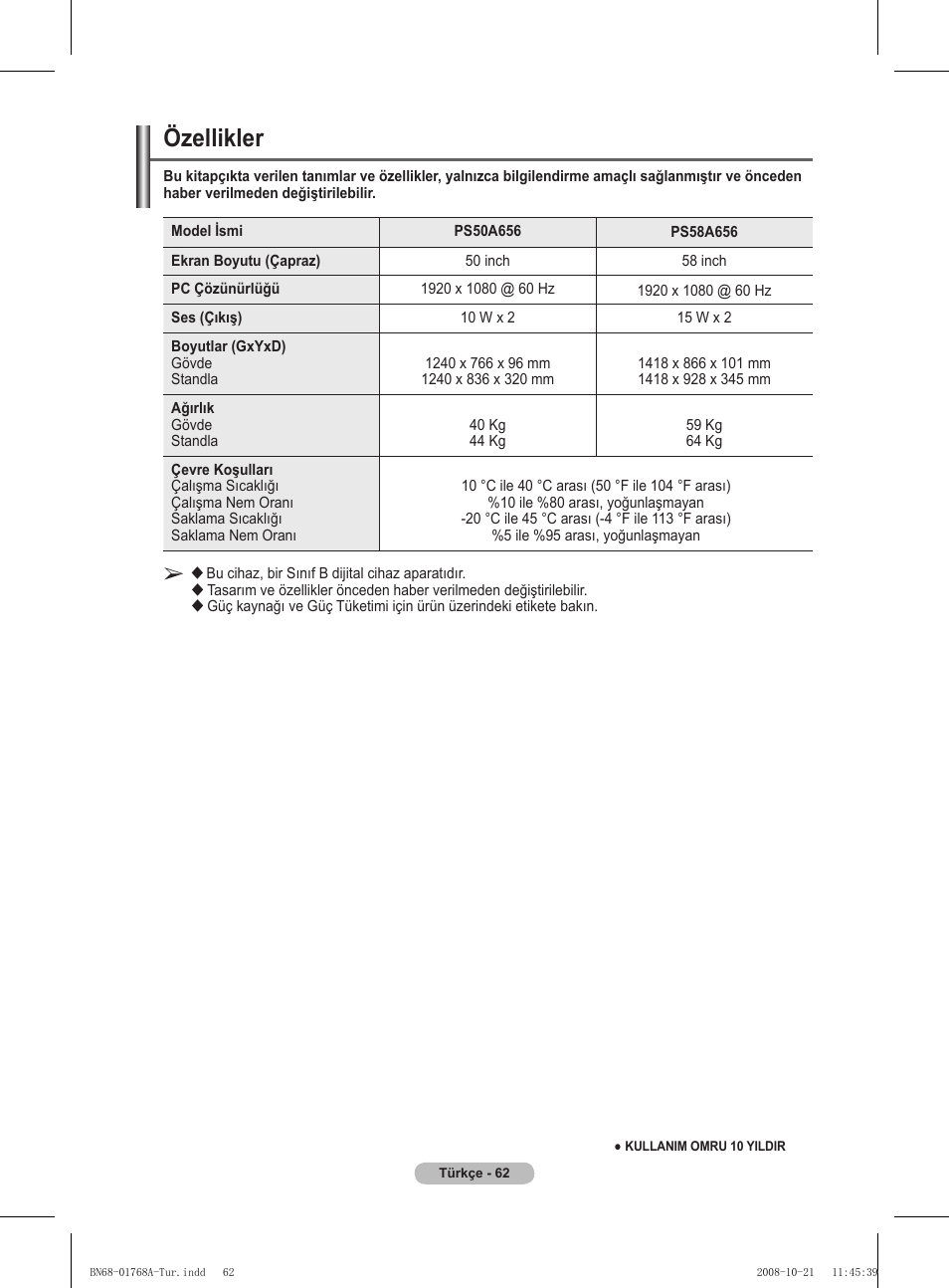 Özellikler | Samsung PS58A656T1F User Manual | Page 565 / 567