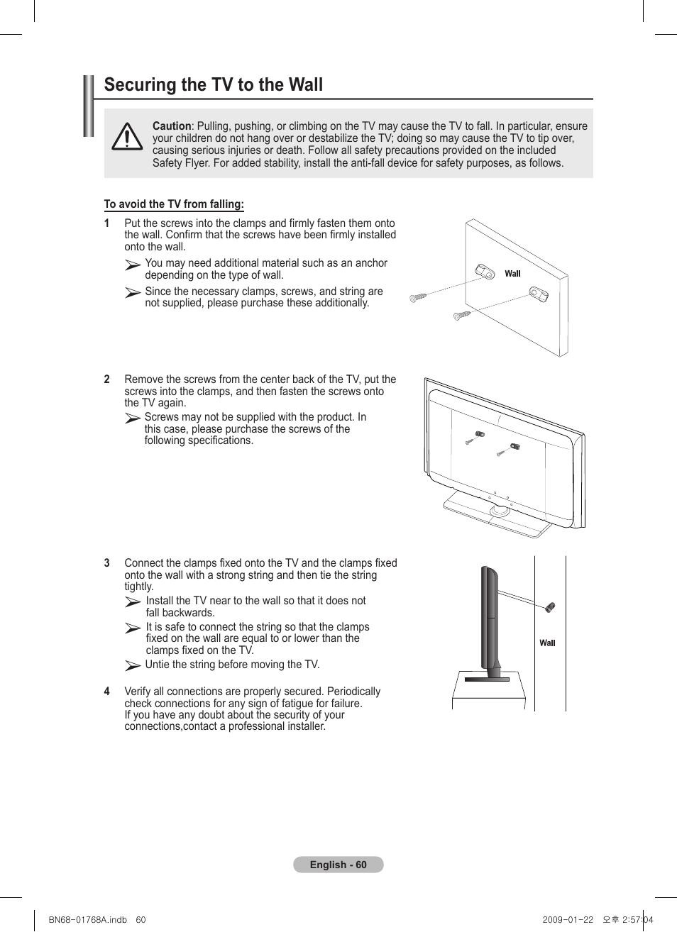 Securing the tv to the wall | Samsung PS58A656T1F User Manual | Page 60 / 567