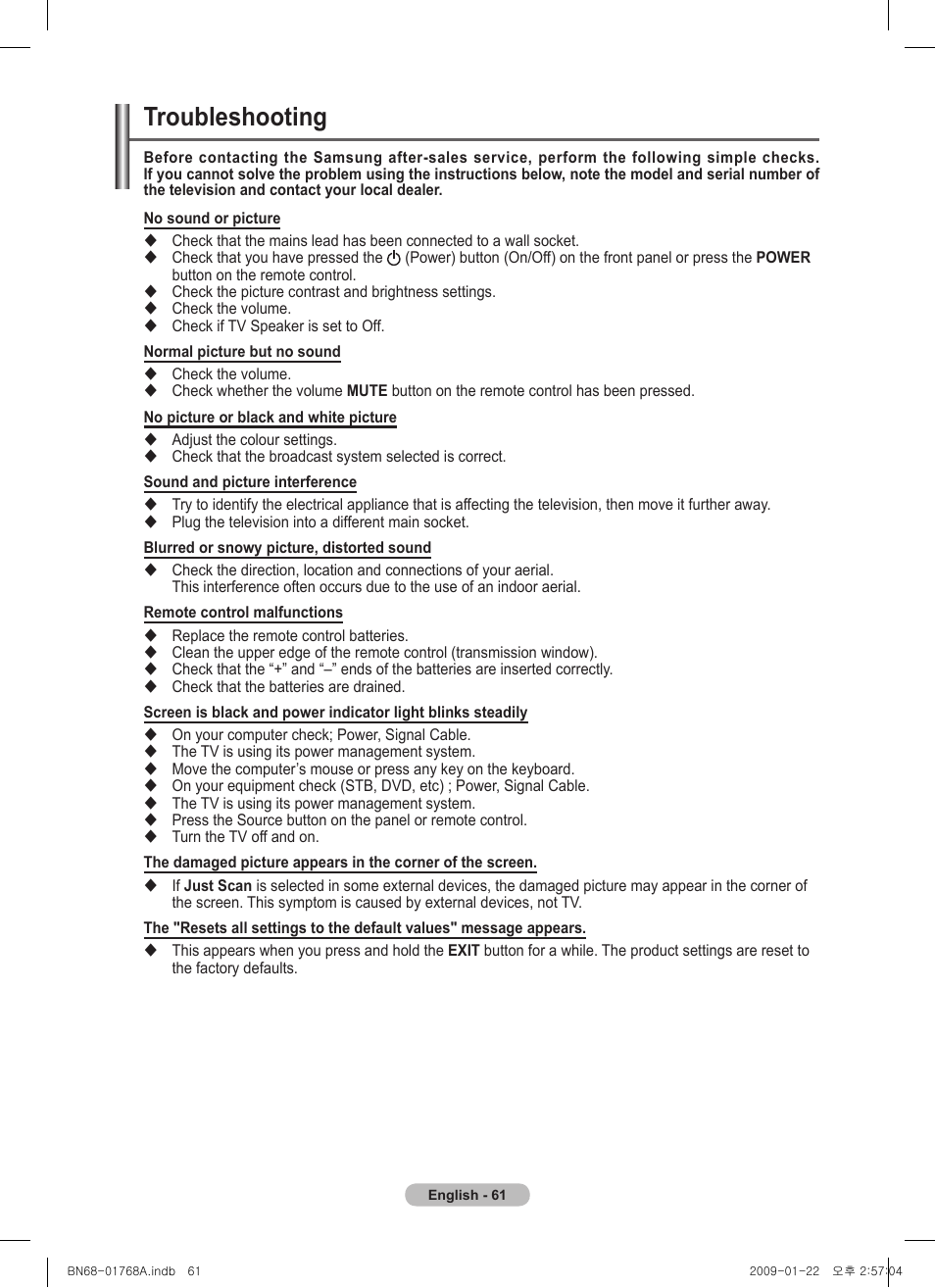 Troubleshooting | Samsung PS58A656T1F User Manual | Page 61 / 567