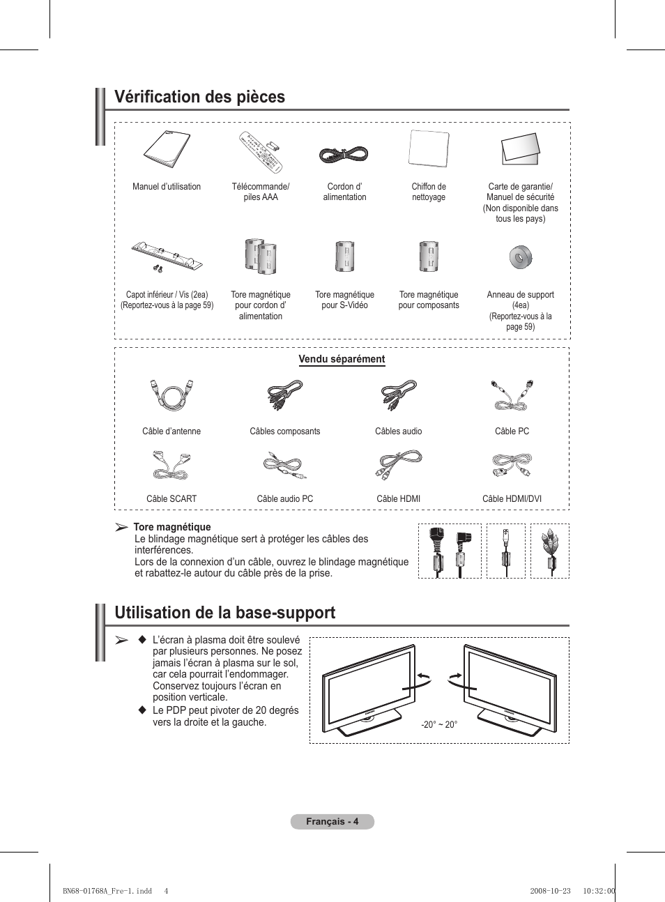 Vérification des pièces, Utilisation de la base-support | Samsung PS58A656T1F User Manual | Page 68 / 567