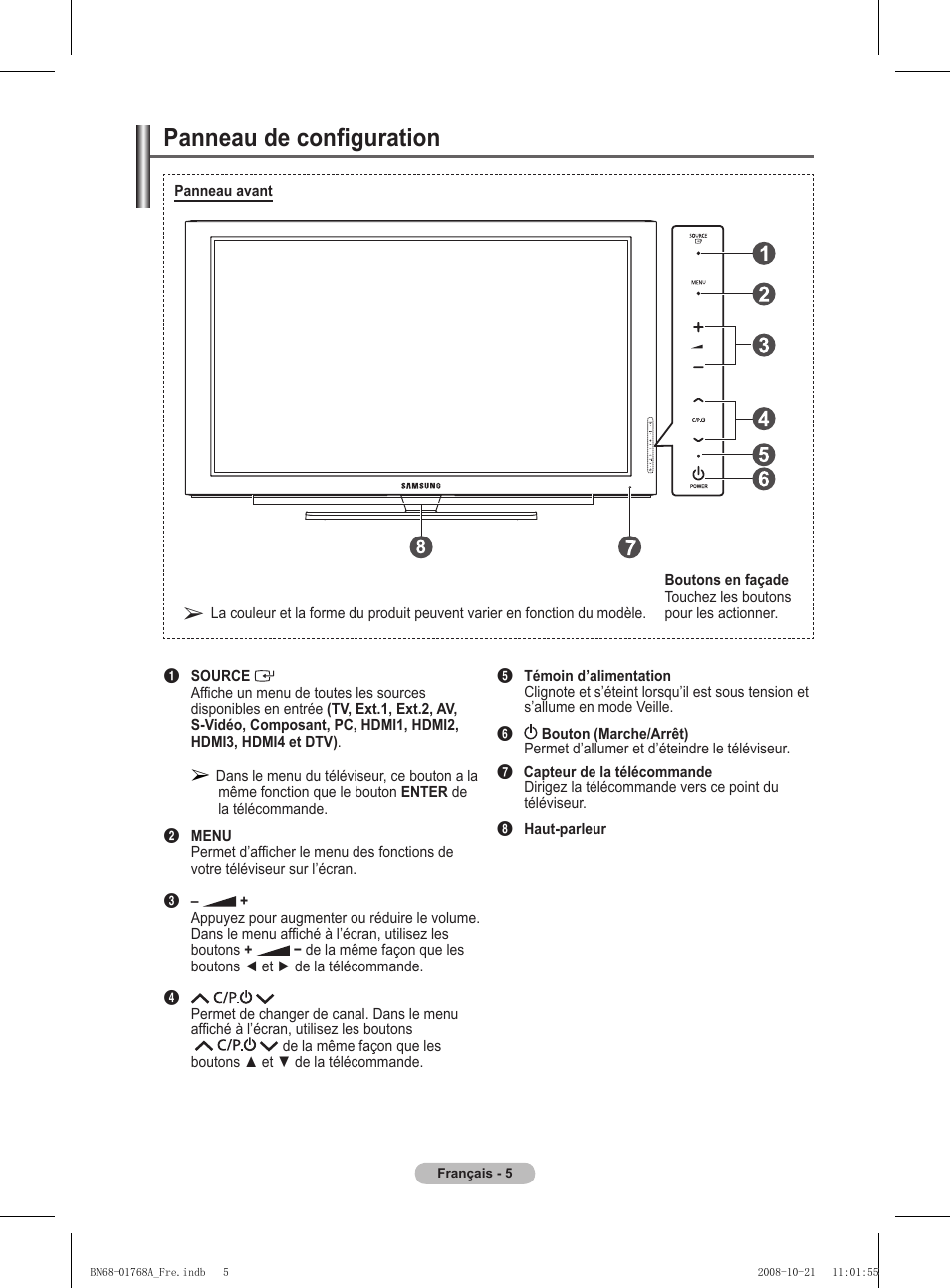 Panneau de configuration | Samsung PS58A656T1F User Manual | Page 69 / 567