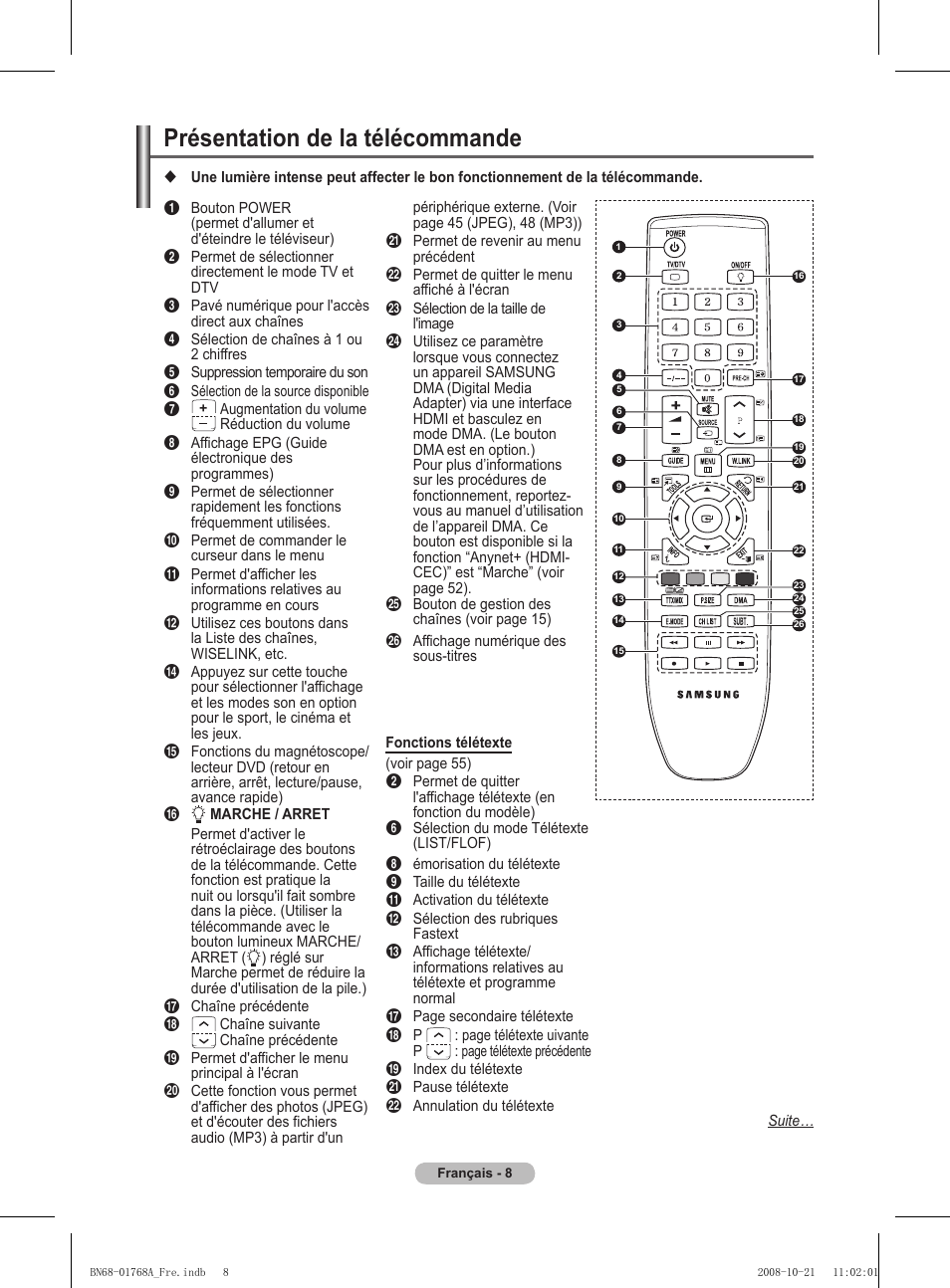 Présentation de la télécommande | Samsung PS58A656T1F User Manual | Page 72 / 567