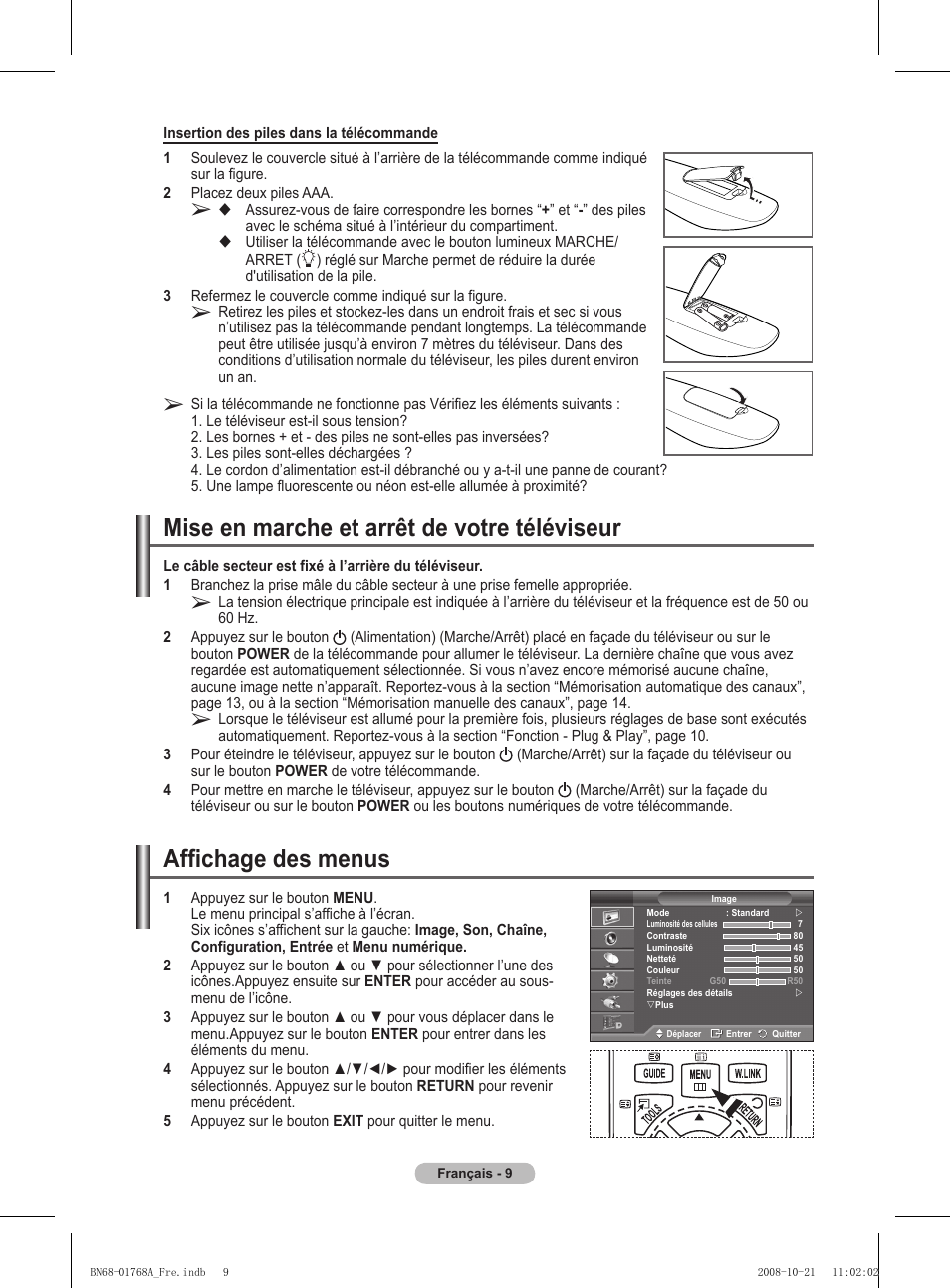 Mise en marche et arrêt de votre téléviseur, Affichage des menus | Samsung PS58A656T1F User Manual | Page 73 / 567