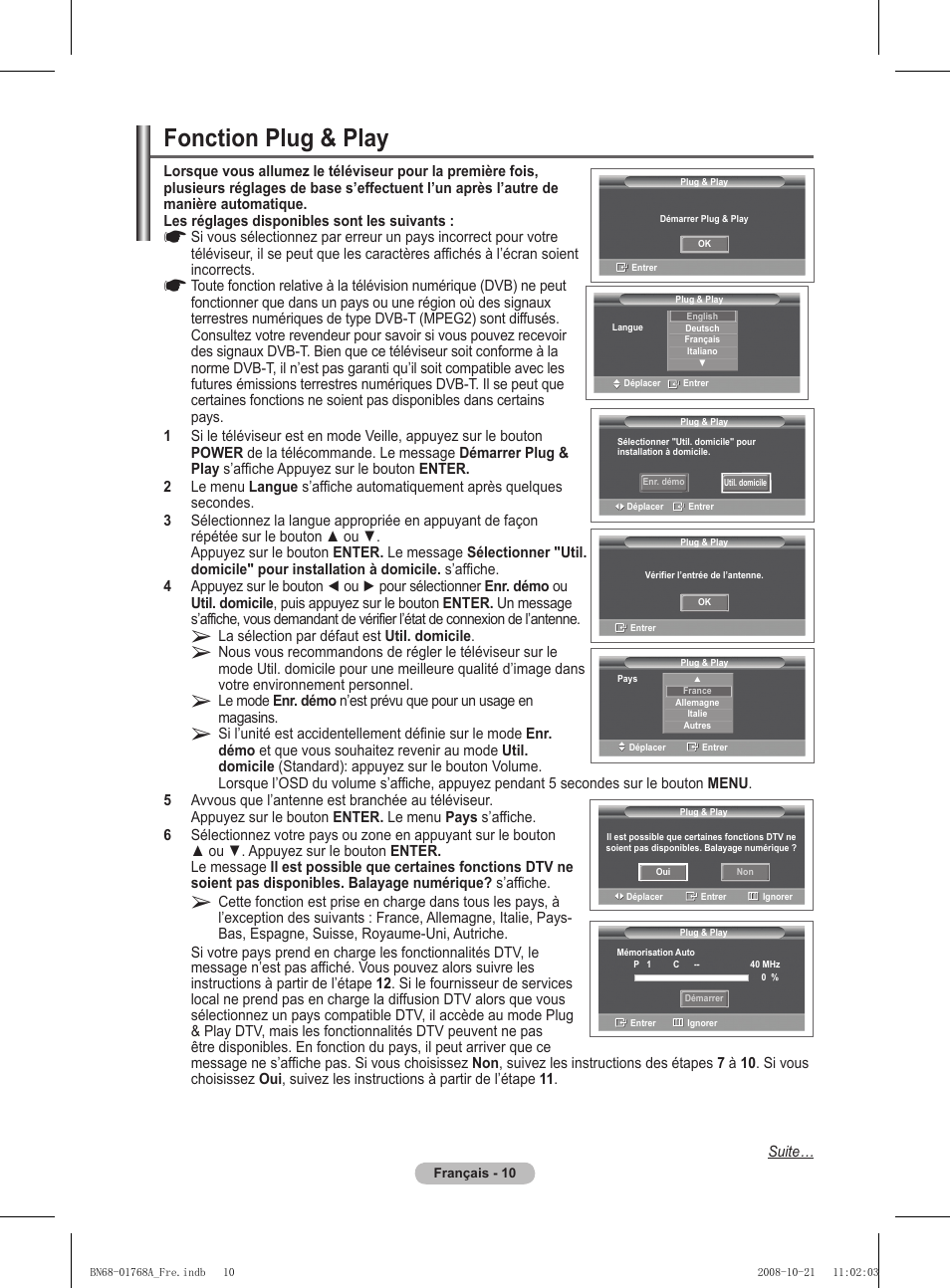 Fonction plug & play | Samsung PS58A656T1F User Manual | Page 74 / 567