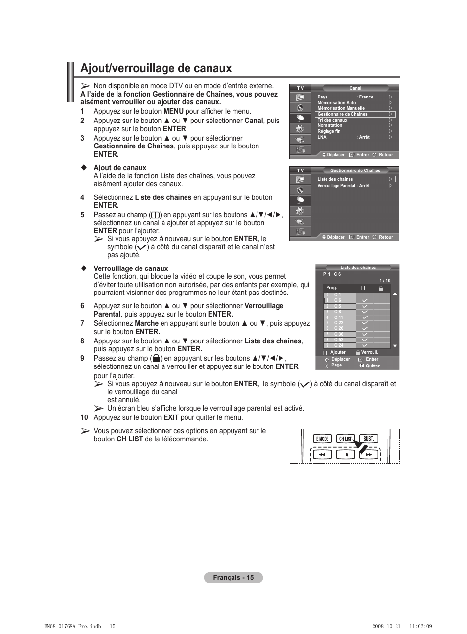 Ajout/verrouillage de canaux | Samsung PS58A656T1F User Manual | Page 79 / 567