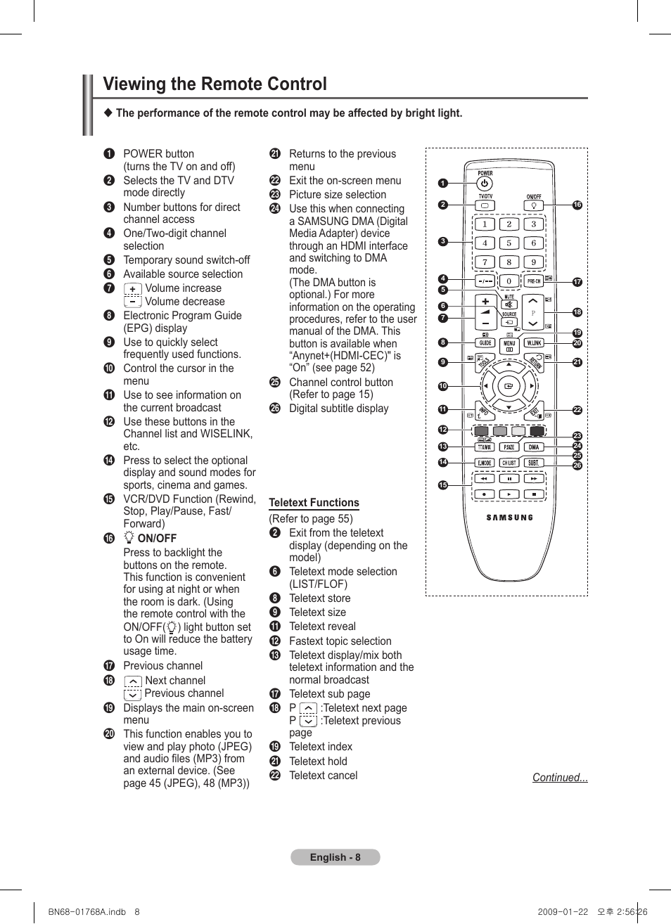 Viewing the remote control | Samsung PS58A656T1F User Manual | Page 8 / 567
