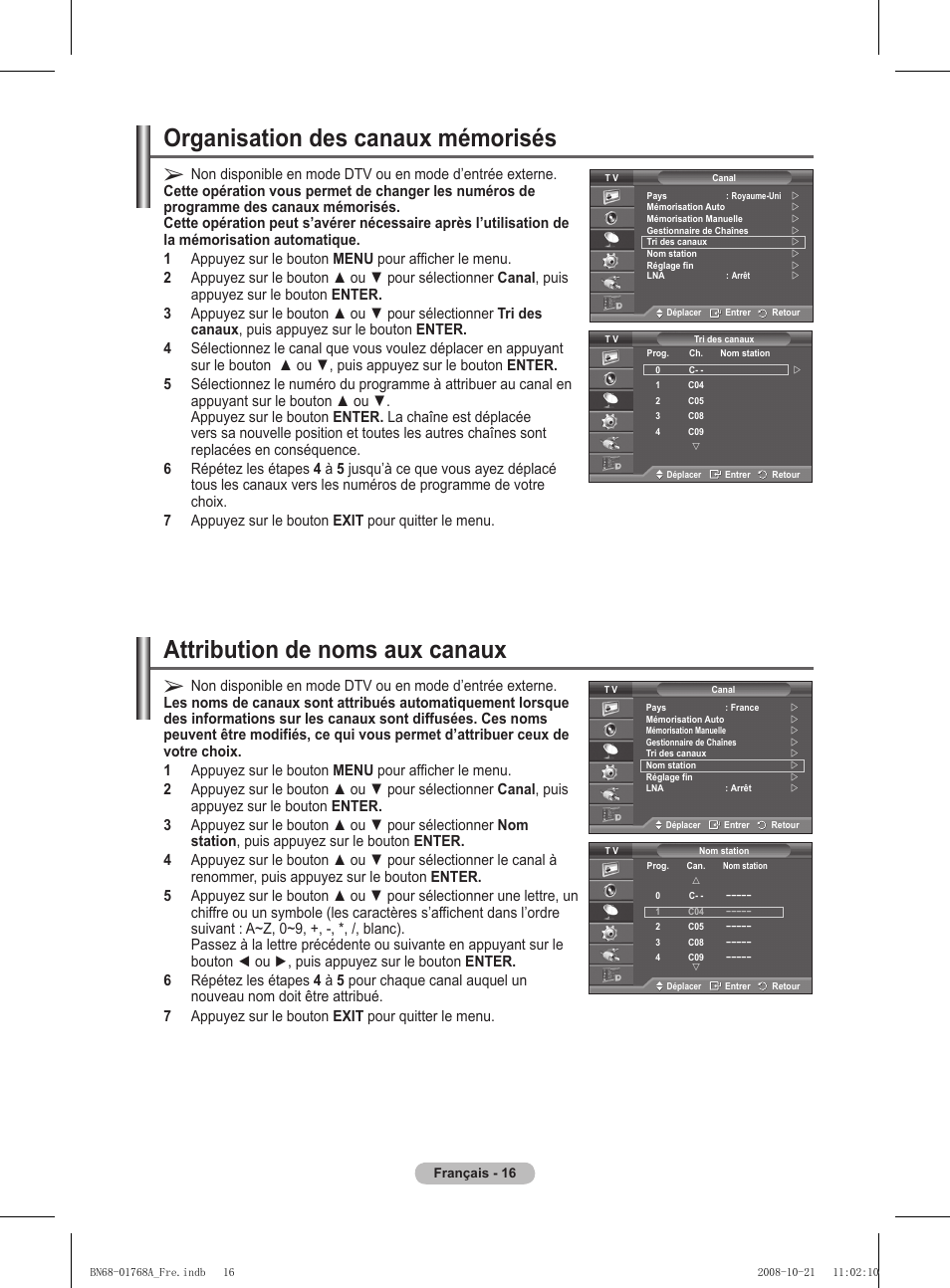 Organisation des canaux mémorisés, Attribution de noms aux canaux | Samsung PS58A656T1F User Manual | Page 80 / 567