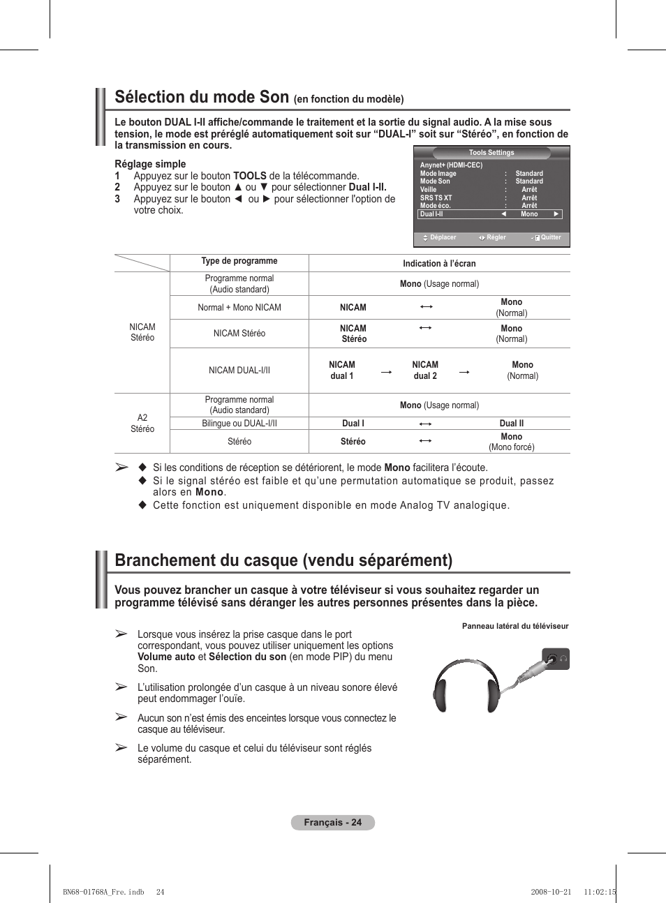 Sélection du mode son, Branchement du casque (vendu séparément) | Samsung PS58A656T1F User Manual | Page 88 / 567