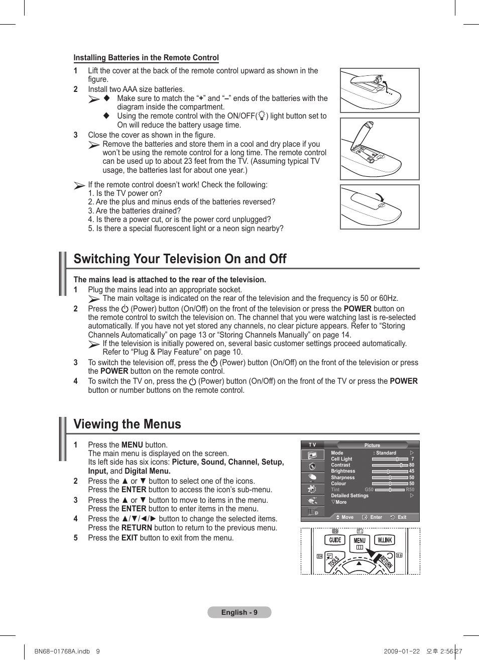 Switching your television on and off, Viewing the menus | Samsung PS58A656T1F User Manual | Page 9 / 567