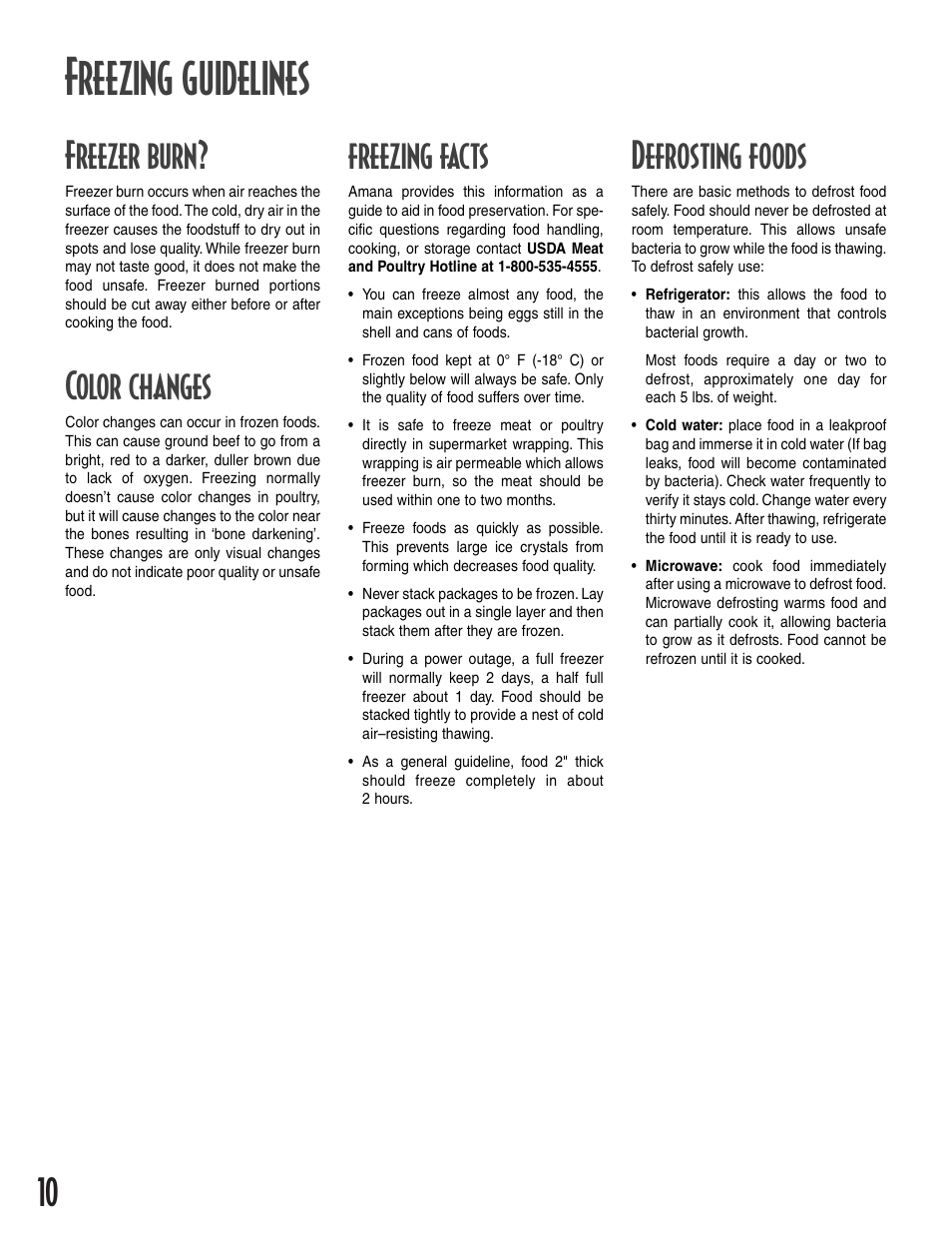 Freezing guidelines, Freezer burn, Color changes | Freezing facts, Defrosting foods | Amana 12631105 User Manual | Page 10 / 48