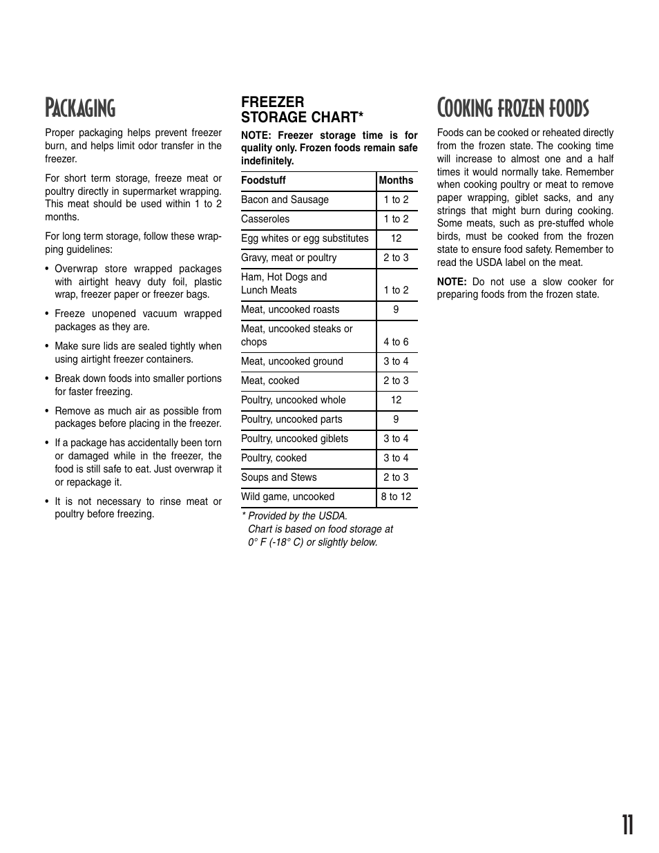 Packaging, Cooking frozen foods, Freezer storage chart | Amana 12631105 User Manual | Page 11 / 48