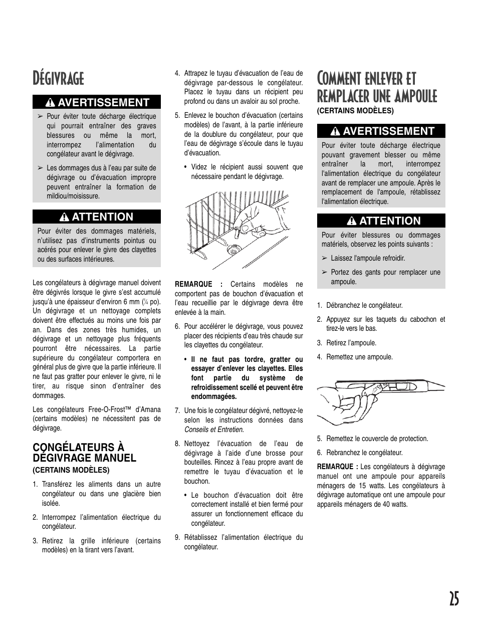 Dégivrage, Comment enlever et remplacer une ampoule, Attention | Avertissement, Congélateurs à dégivrage manuel | Amana 12631105 User Manual | Page 25 / 48