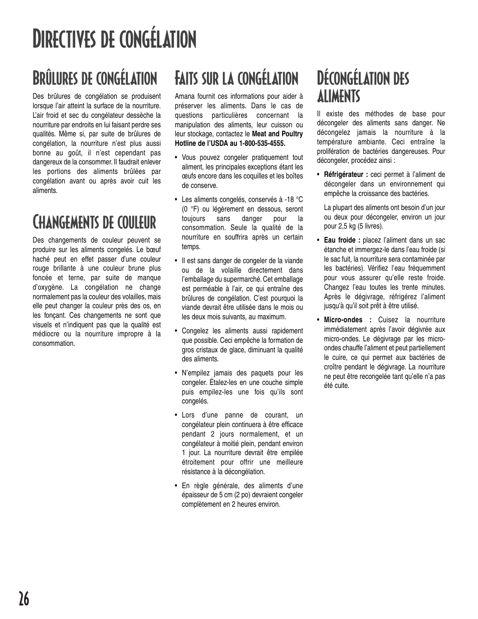 Directives de congélation, Brûlures de congélation, Changements de couleur | Faits sur la congélation, Décongélation des aliments | Amana 12631105 User Manual | Page 26 / 48