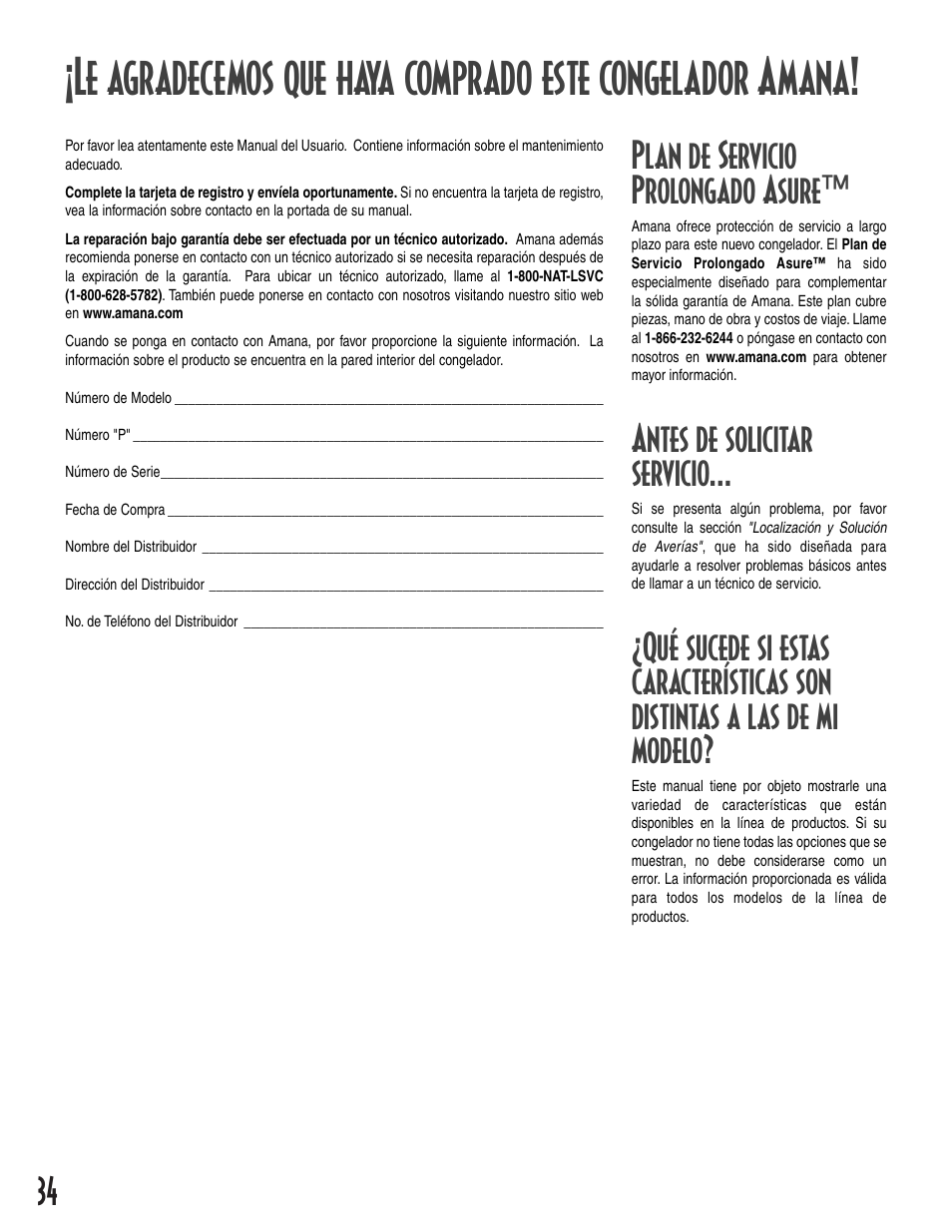 Plan de servicio prolongado asure, Antes de solicitar servicio | Amana 12631105 User Manual | Page 34 / 48