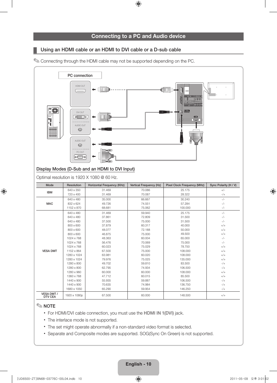 Connecting to a pc and audio device | Samsung UE40D6510WQ User Manual | Page 10 / 84