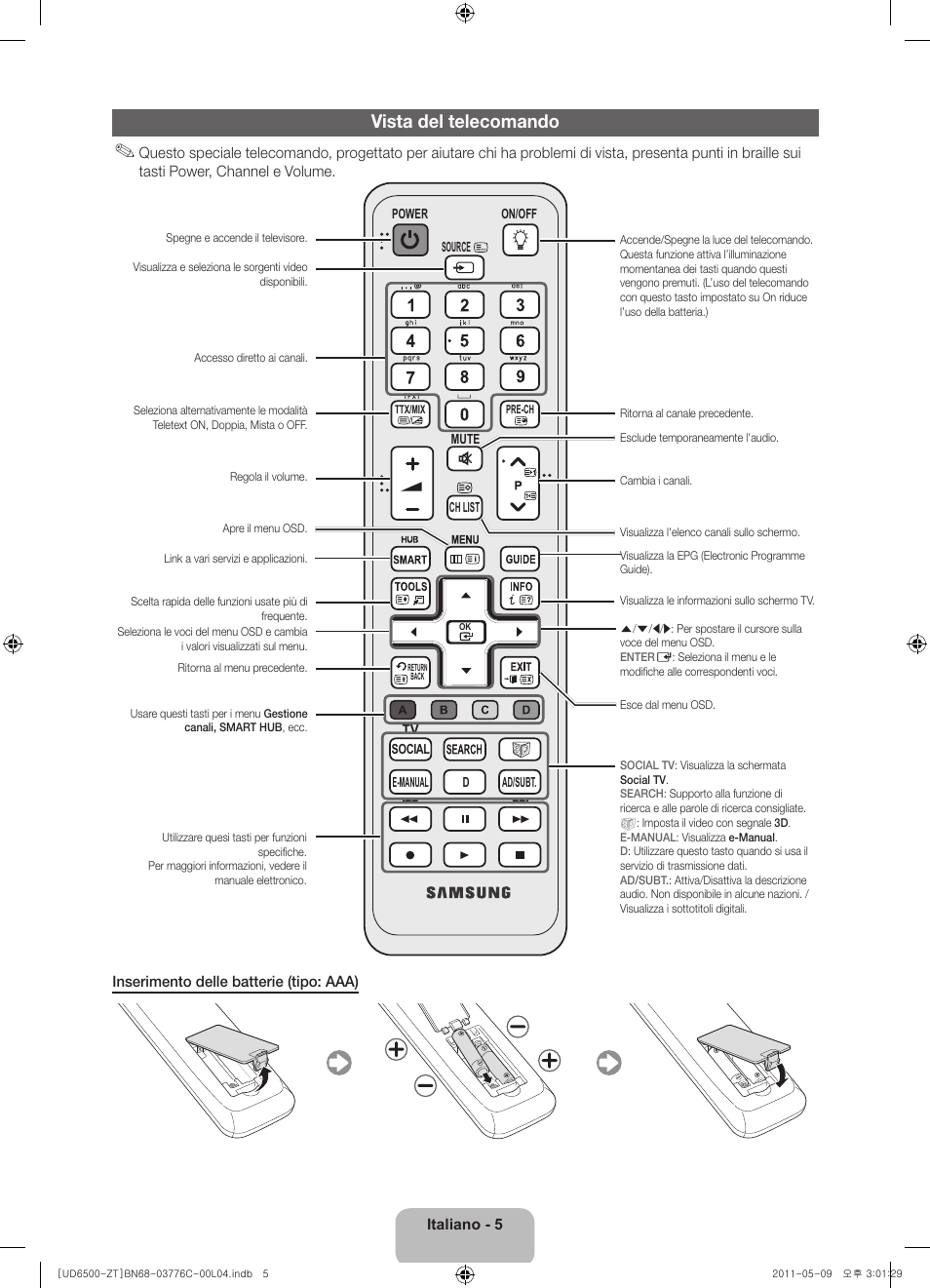 Vista del telecomando | Samsung UE40D6510WQ User Manual | Page 25 / 84