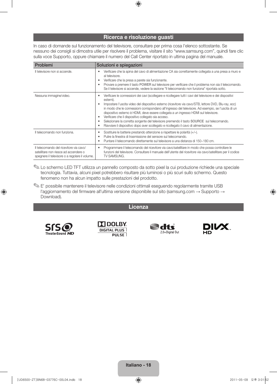 Ricerca e risoluzione guasti, Licenza | Samsung UE40D6510WQ User Manual | Page 38 / 84