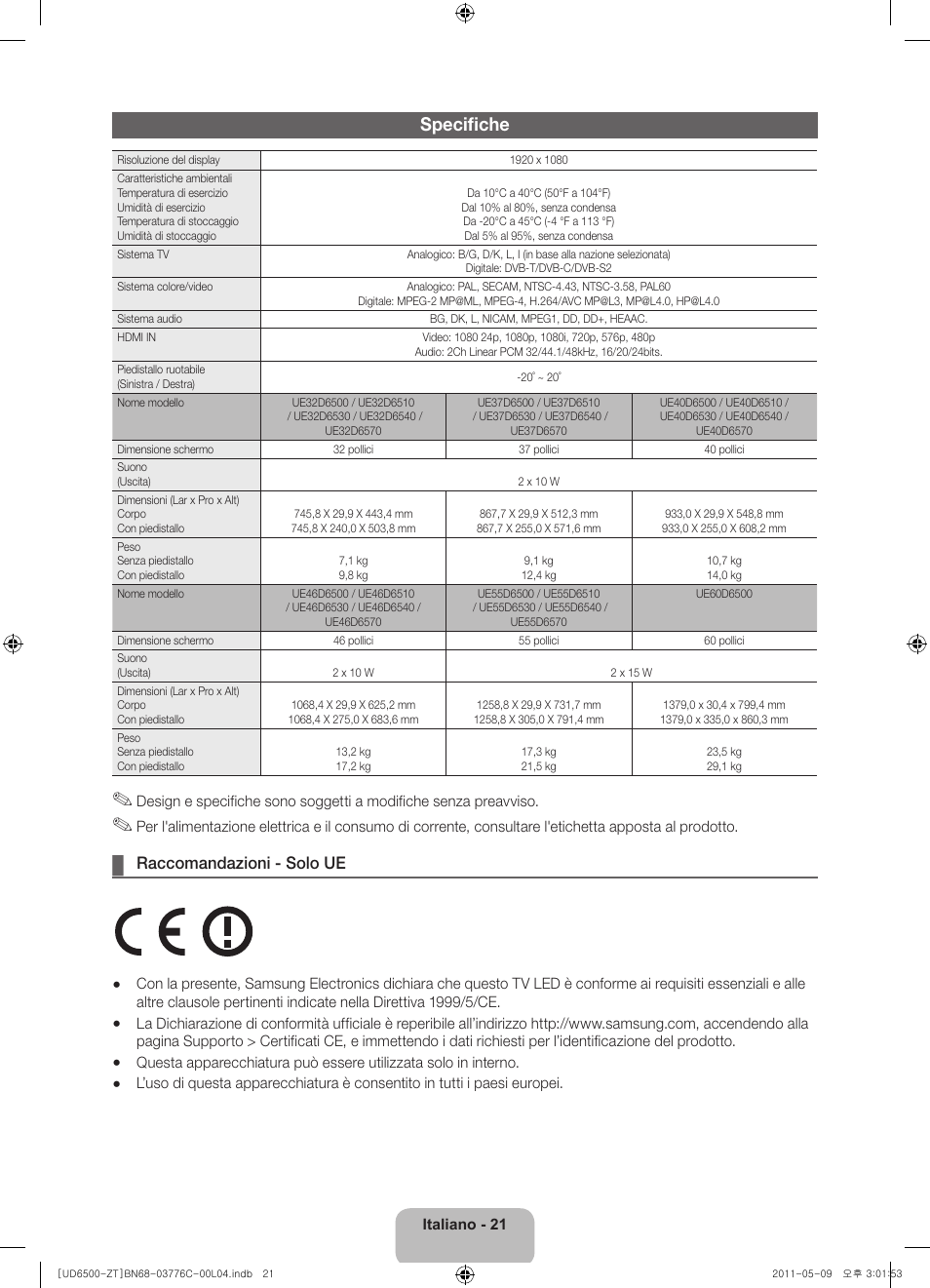 Specifiche, Raccomandazioni - solo ue | Samsung UE40D6510WQ User Manual | Page 41 / 84