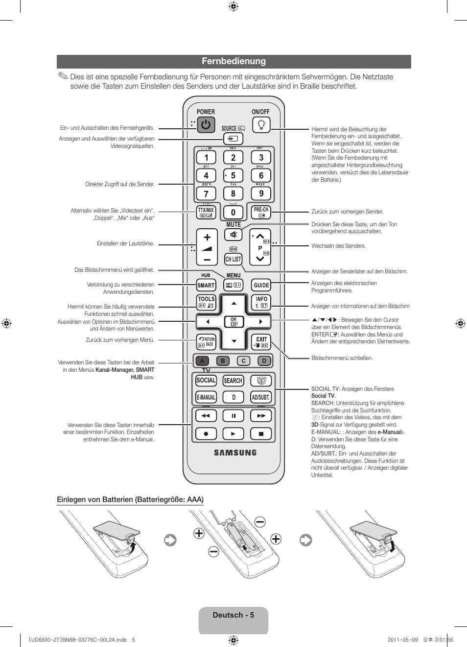 Fernbedienung | Samsung UE40D6510WQ User Manual | Page 47 / 84