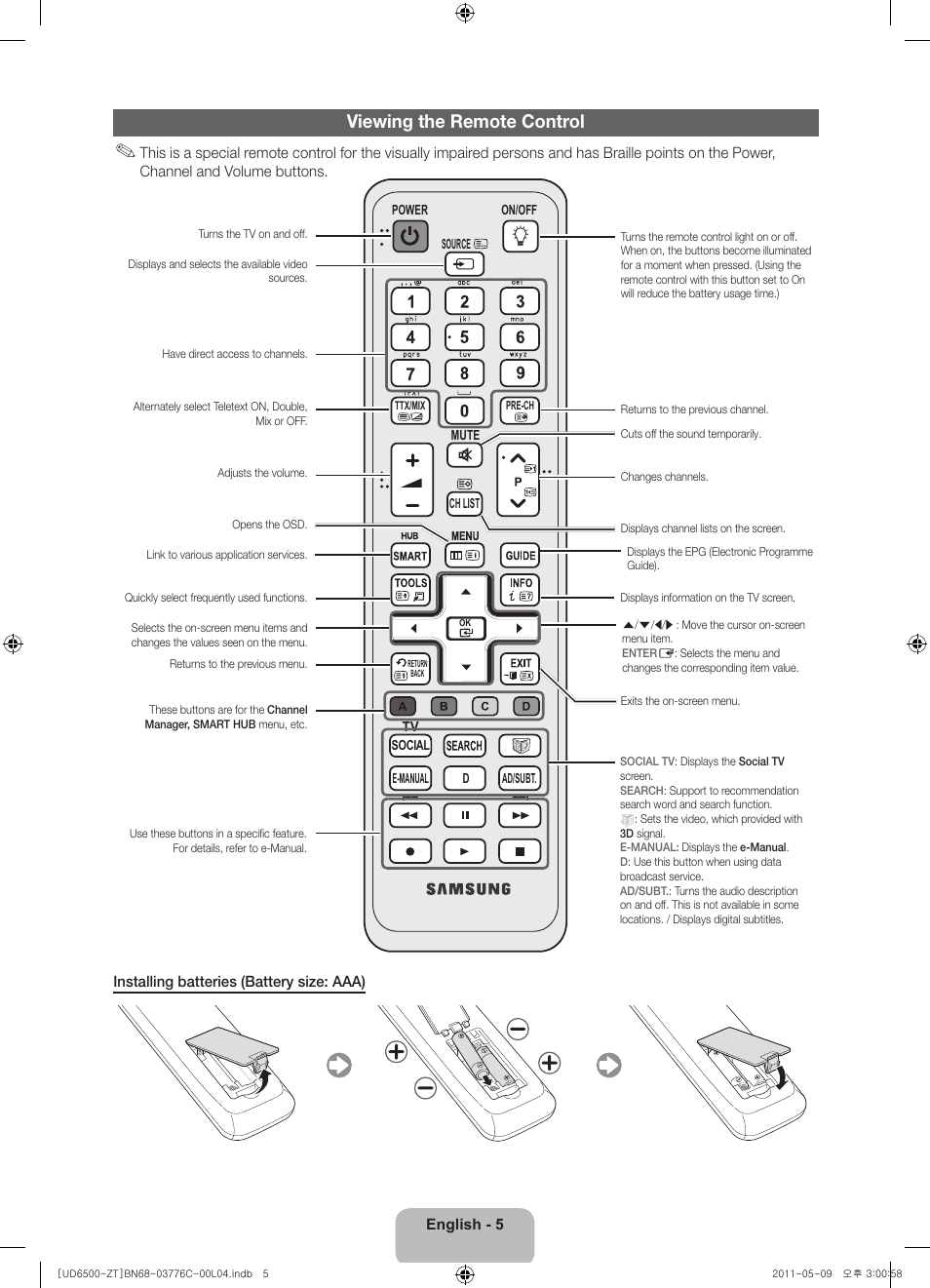 Viewing the remote control | Samsung UE40D6510WQ User Manual | Page 5 / 84