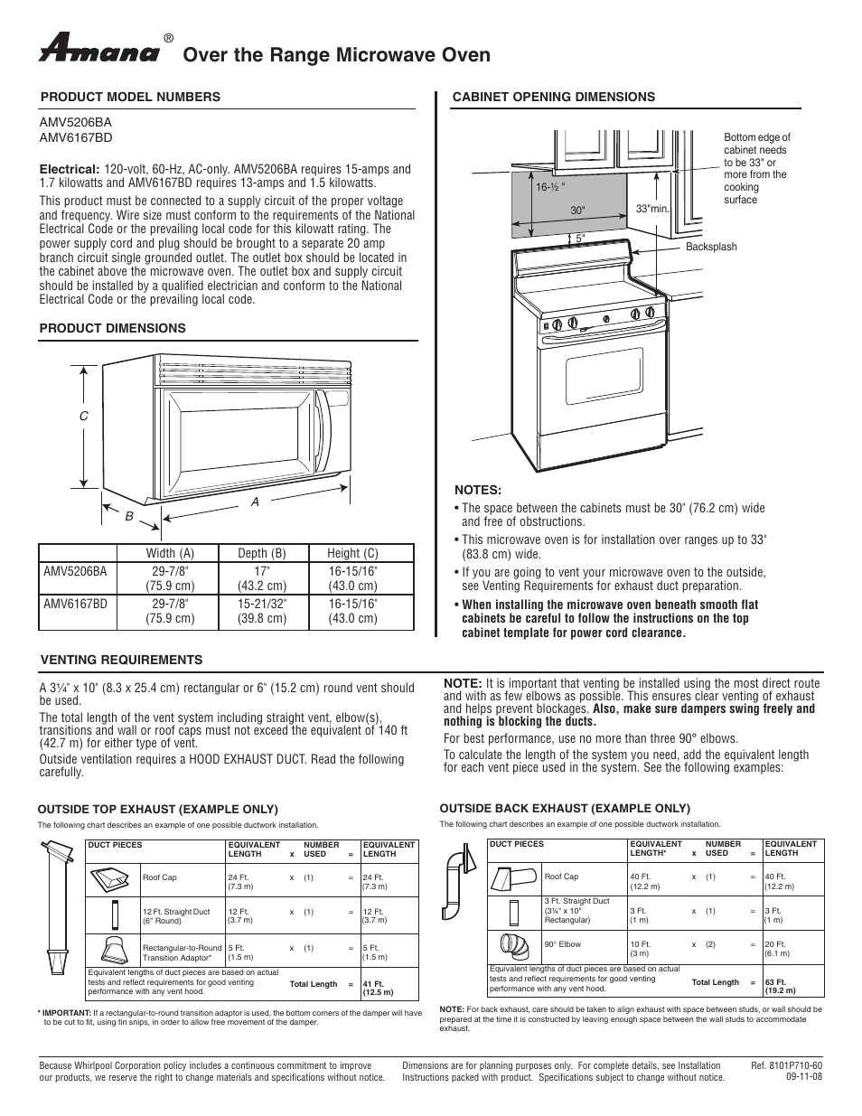 Amana AMV6167BD User Manual | 1 page