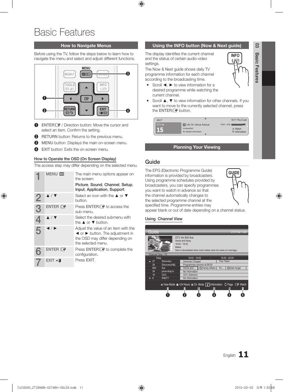 Basic features, Guide | Samsung UE32C6000RP User Manual | Page 11 / 165