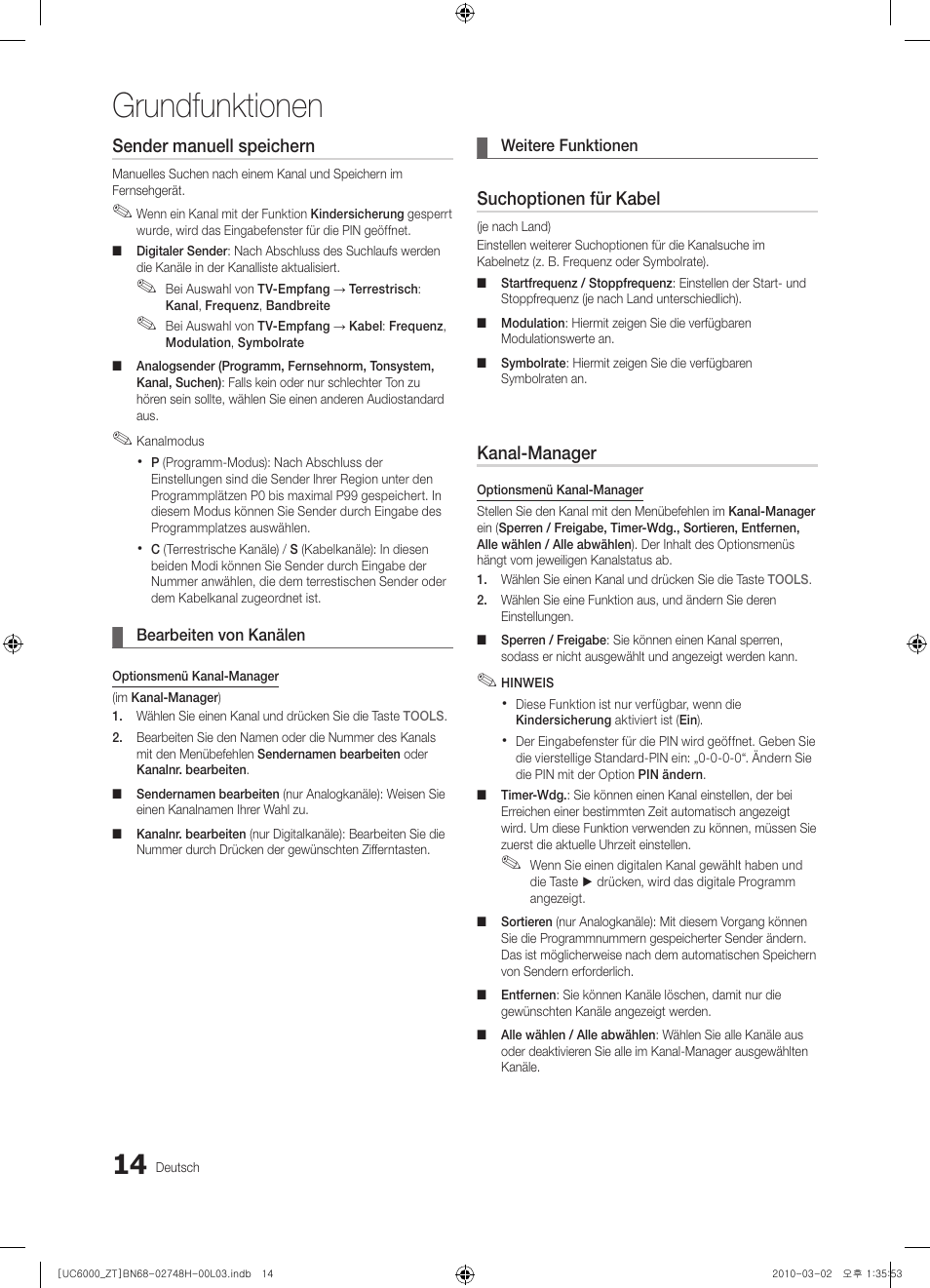 Grundfunktionen, Sender manuell speichern, Suchoptionen für kabel | Kanal-manager | Samsung UE32C6000RP User Manual | Page 124 / 165