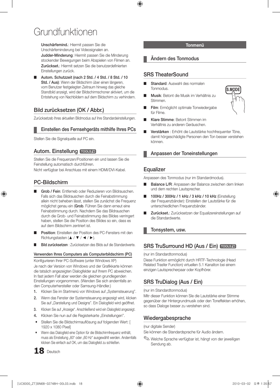 Grundfunktionen, Bild zurücksetzen (ok / abbr.), Autom. einstellung | Pc-bildschirm, Srs theatersound, Equalizer, Srs trusurround hd (aus / ein), Srs trudialog (aus / ein), Wiedergabesprache | Samsung UE32C6000RP User Manual | Page 128 / 165