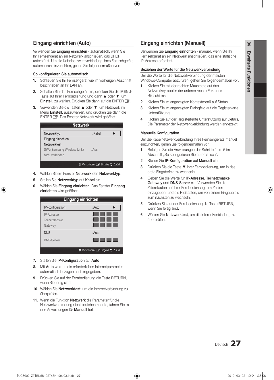Eingang einrichten (auto), Eingang einrichten (manuell) | Samsung UE32C6000RP User Manual | Page 137 / 165