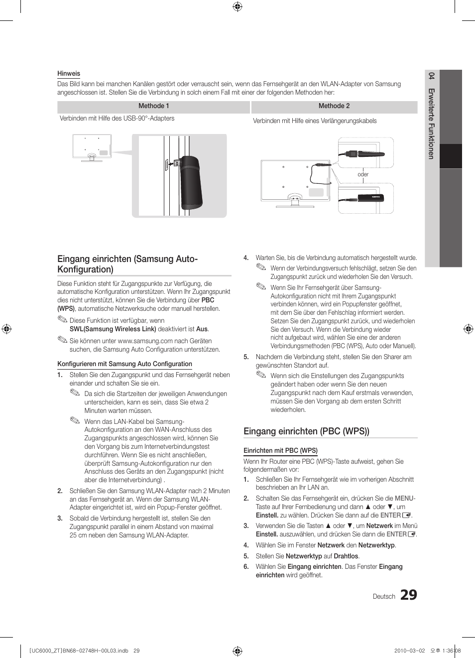 Eingang einrichten (samsung auto- konfiguration), Eingang einrichten (pbc (wps)) | Samsung UE32C6000RP User Manual | Page 139 / 165
