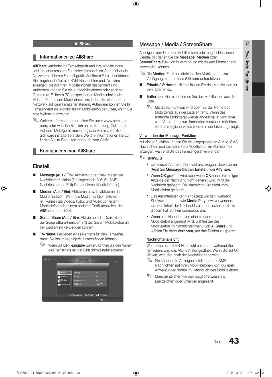 Einstell, Message / media / screenshare | Samsung UE32C6000RP User Manual | Page 153 / 165