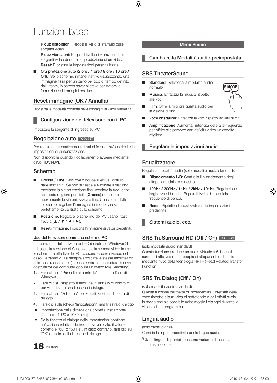 Funzioni base, Reset immagine (ok / annulla), Regolazione auto | Schermo, Srs theatersound, Equalizzatore, Srs trusurround hd (off / on), Srs trudialog (off / on), Lingua audio | Samsung UE32C6000RP User Manual | Page 72 / 165