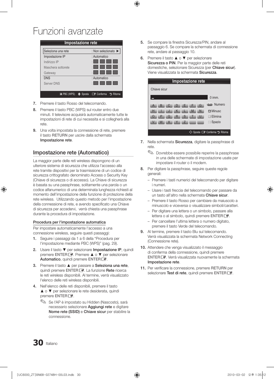 Funzioni avanzate, Impostazione rete (automatico) | Samsung UE32C6000RP User Manual | Page 84 / 165
