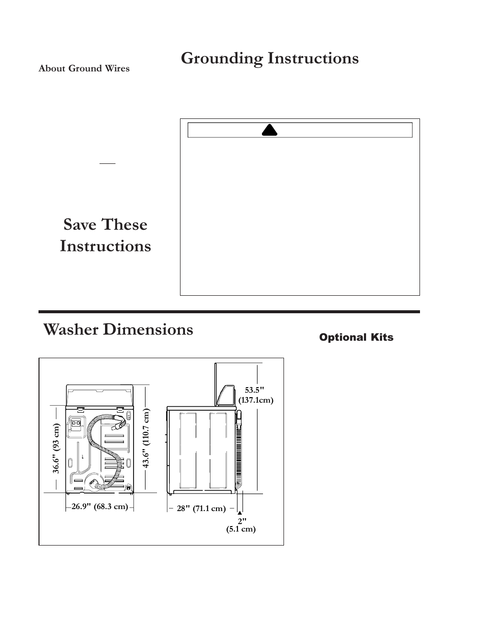 Save these instructions grounding instructions, Washer dimensions, Important safety information | Warning | Amana RS3100007 User Manual | Page 35 / 66
