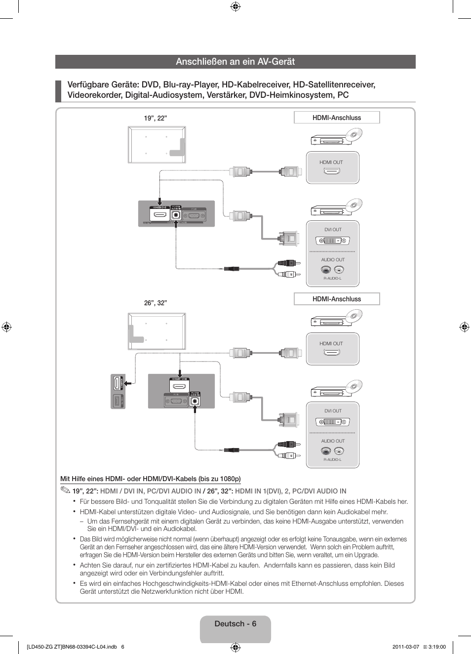 Anschließen an ein av-gerät | Samsung LE22D450G1W User Manual | Page 22 / 67