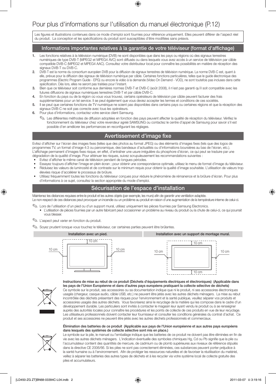 Avertissement d’image fixe, Sécurisation de l’espace d’installation | Samsung LE22D450G1W User Manual | Page 34 / 67