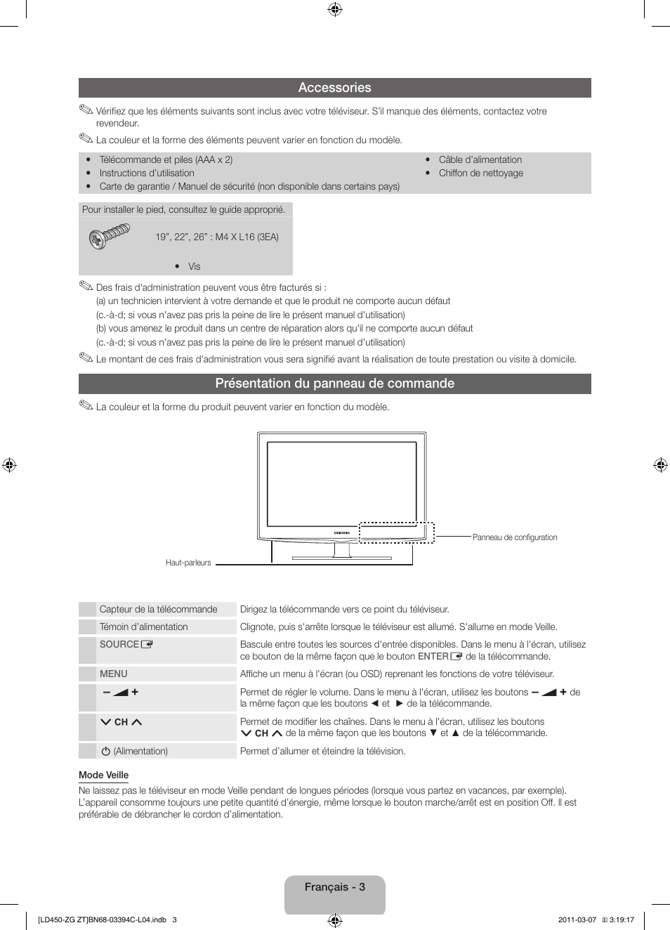 Accessories, Présentation du panneau de commande | Samsung LE22D450G1W User Manual | Page 35 / 67