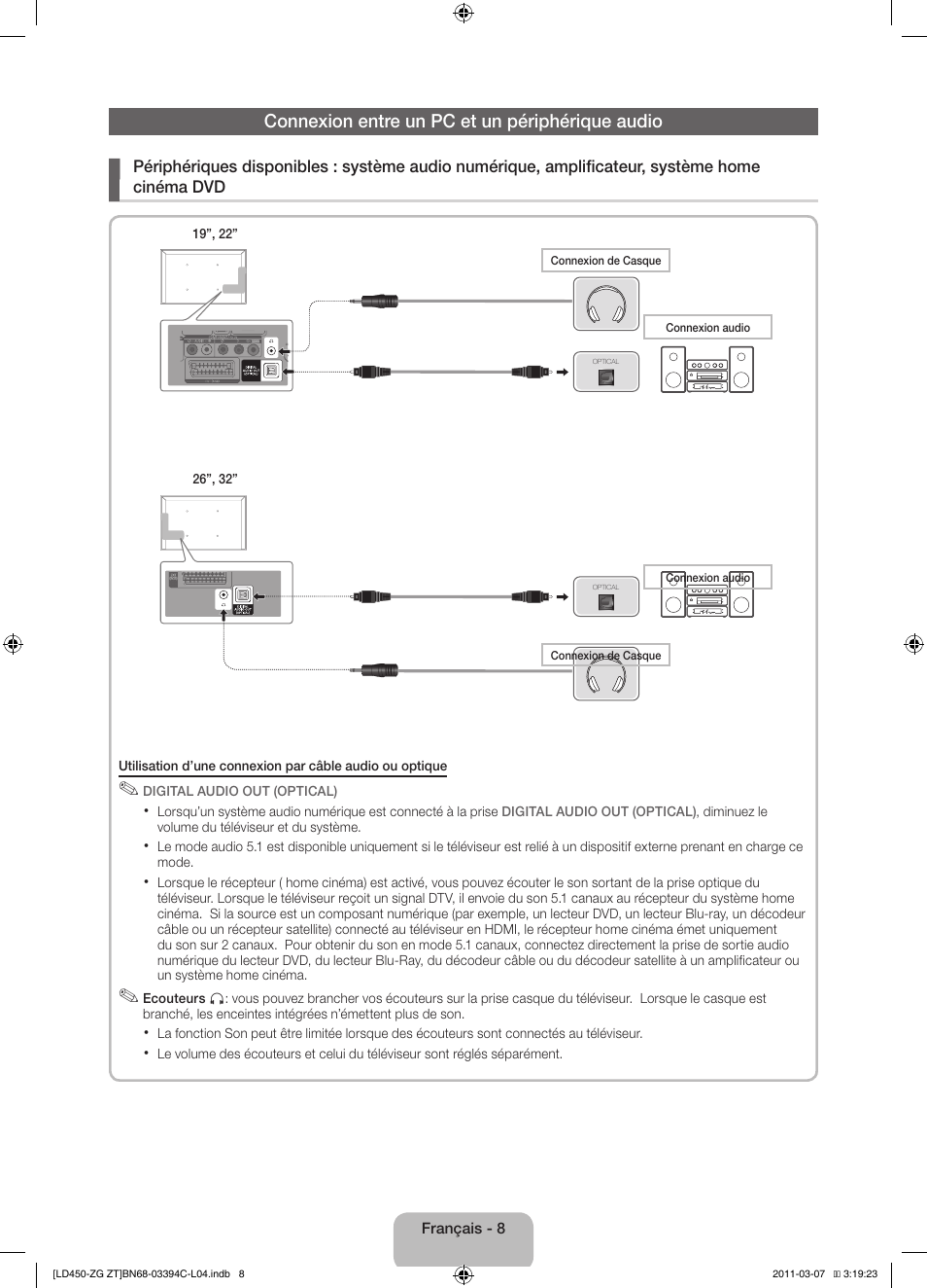 Connexion entre un pc et un périphérique audio | Samsung LE22D450G1W User Manual | Page 40 / 67