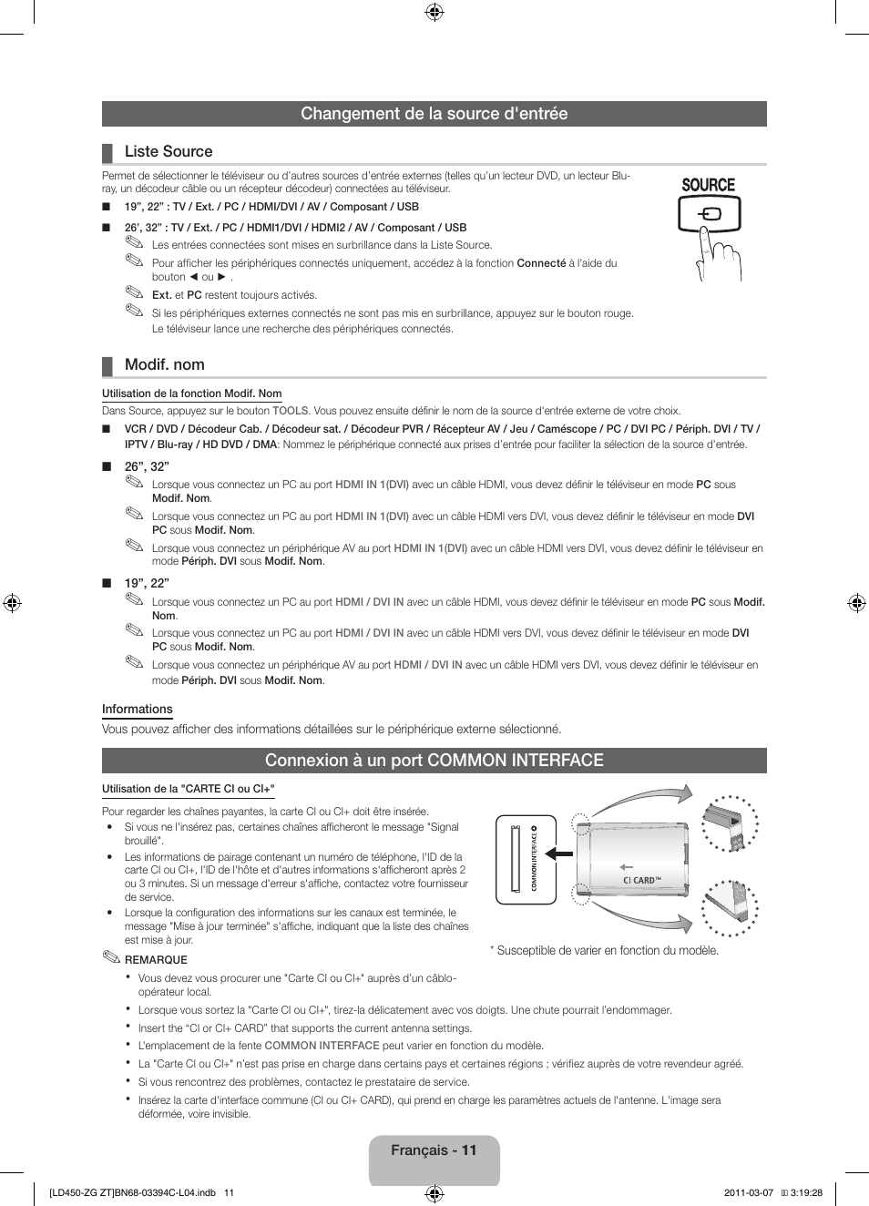 Changement de la source d'entrée, Connexion à un port common interface | Samsung LE22D450G1W User Manual | Page 43 / 67