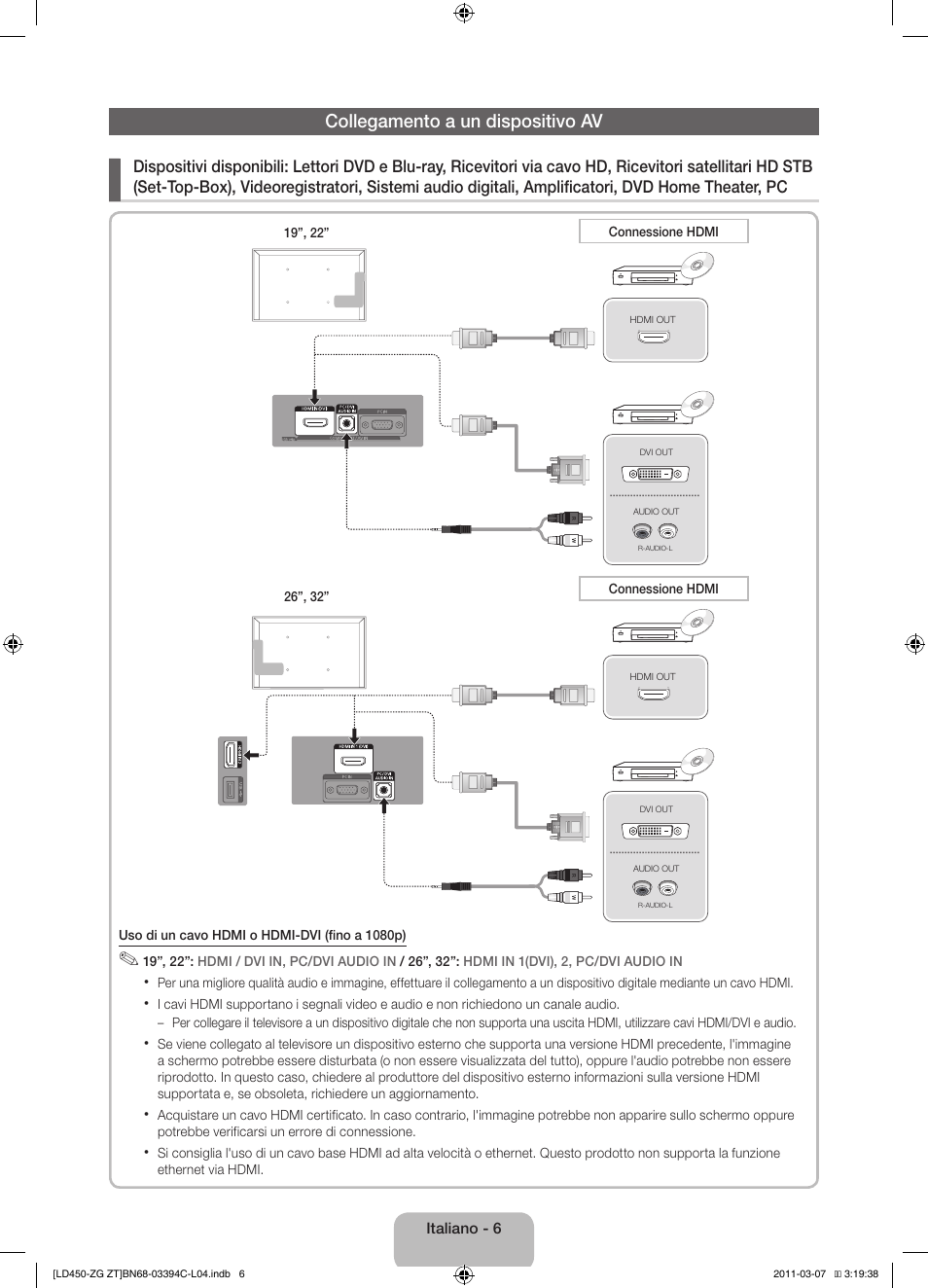 Collegamento a un dispositivo av | Samsung LE22D450G1W User Manual | Page 54 / 67