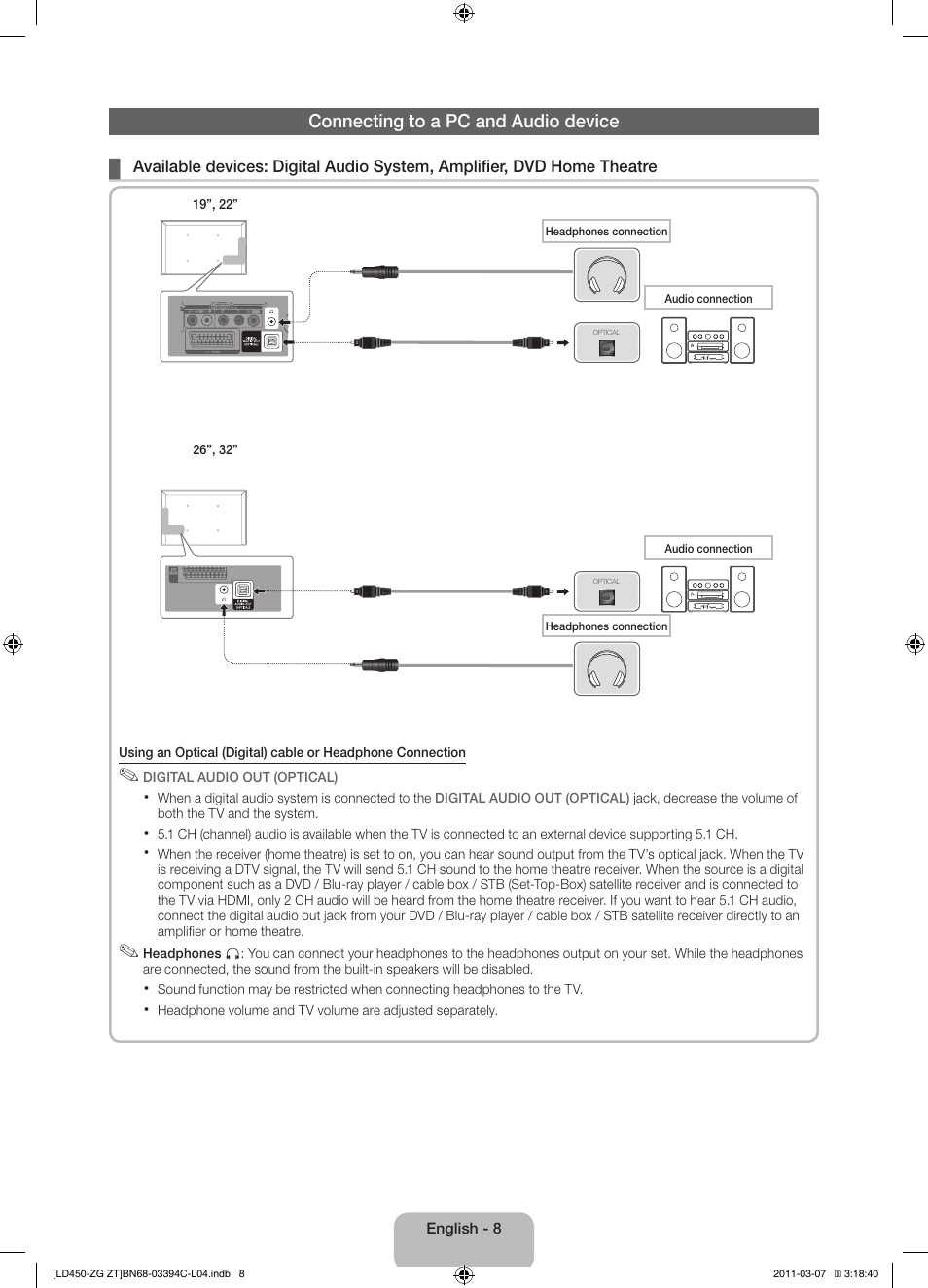 Connecting to a pc and audio device | Samsung LE22D450G1W User Manual | Page 8 / 67