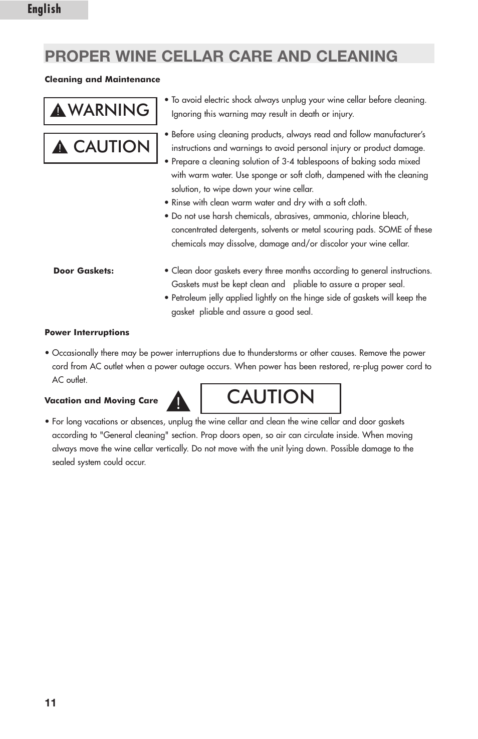 Caution, Warning caution, Proper wine cellar care and cleaning | English | Amana AWCE50ARS User Manual | Page 13 / 44