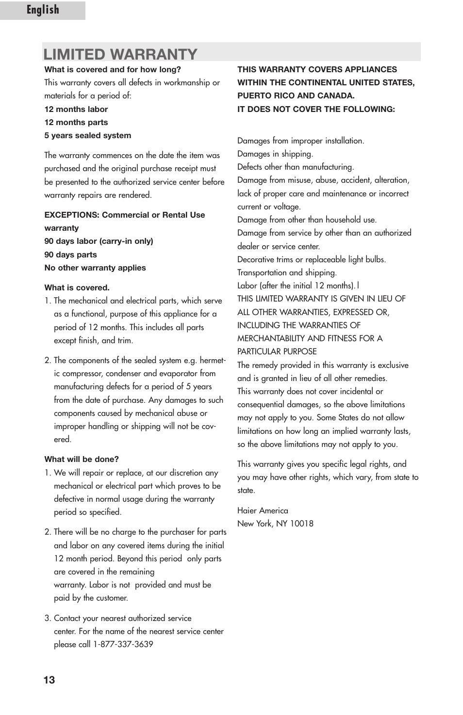 Limited warranty, English | Amana AWCE50ARS User Manual | Page 15 / 44
