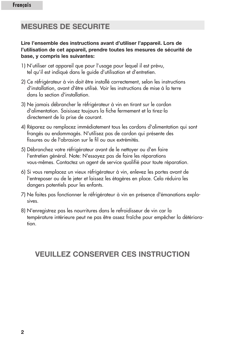 Mesures de securite, Veuillez conserver ces instruction | Amana AWCE50ARS User Manual | Page 17 / 44