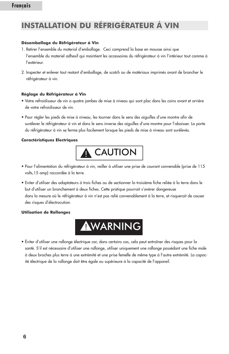 Warning, Caution, Installation du réfrigérateur á vin | Français | Amana AWCE50ARS User Manual | Page 21 / 44